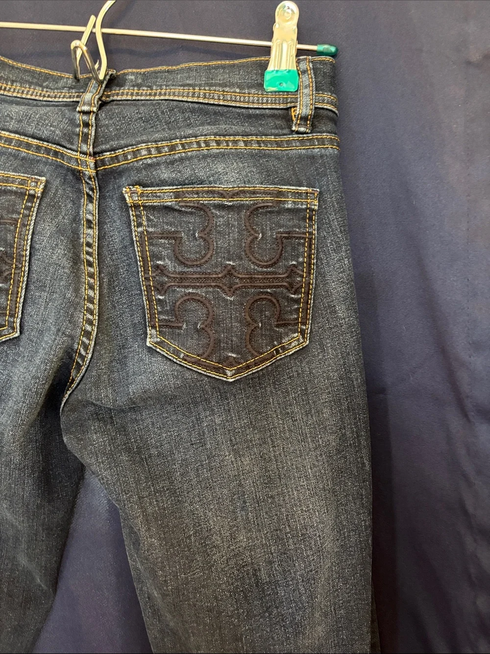 Tory Burch Classic Tory Boot Jeans in Dark Indigo with Gold Hardware size 24